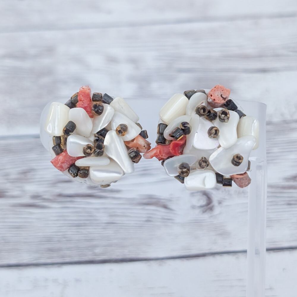 Vintage Clip On Earrings Cream & Orange Tones Cluster